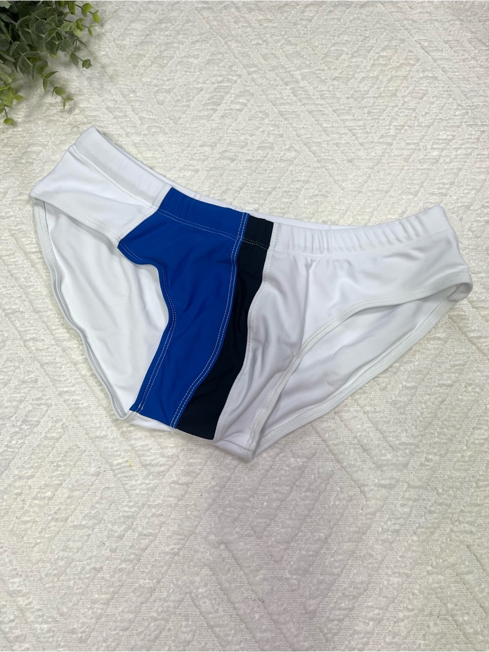 UXH Men's Colorblock Swim Briefs in White and Blue